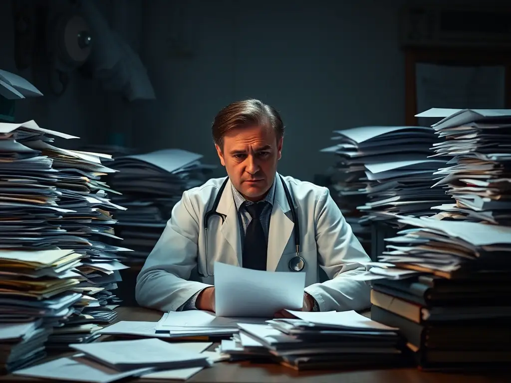 Doctor overwhelmed with paperwork
